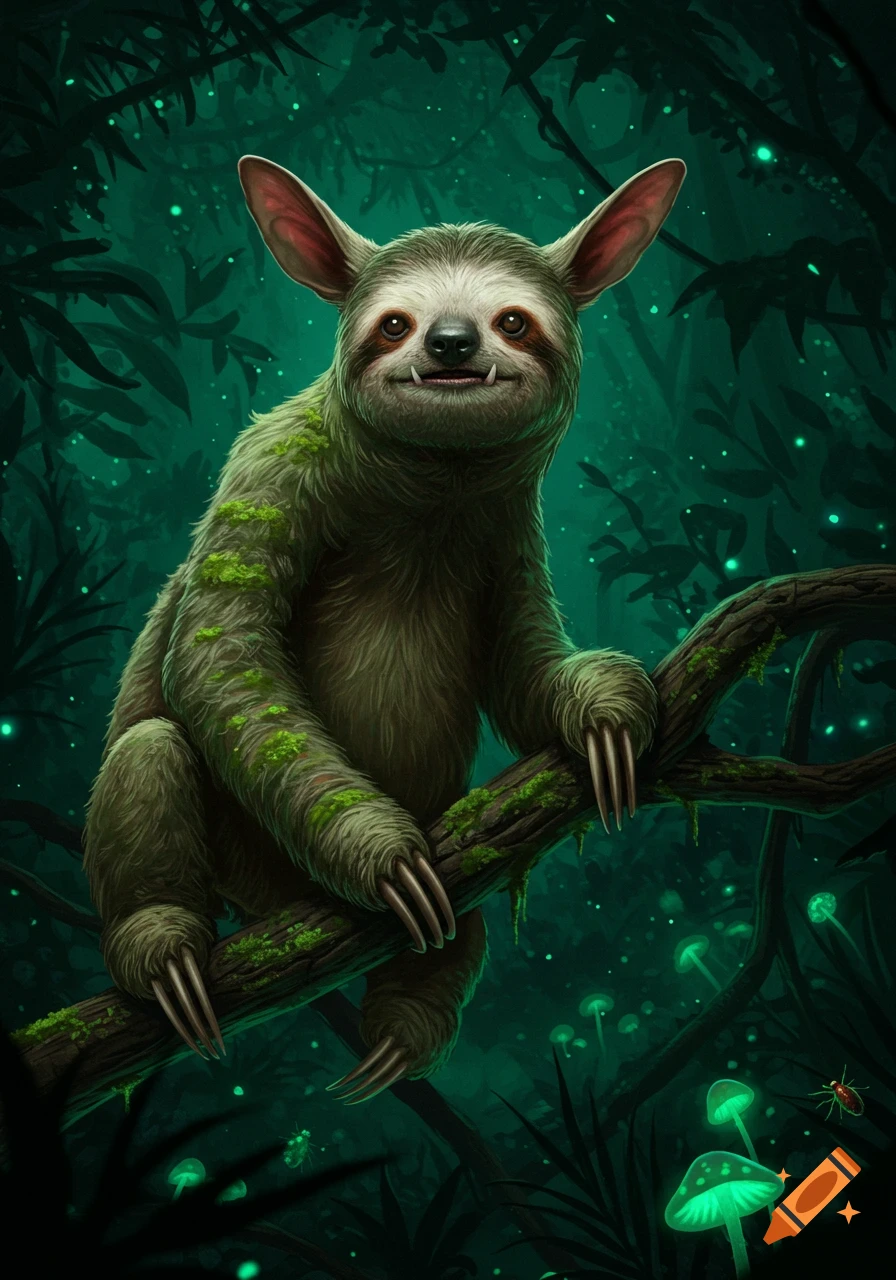 A stylized, green-furred sloth with bat ears and fangs sits on a branch in a bioluminescent jungle.