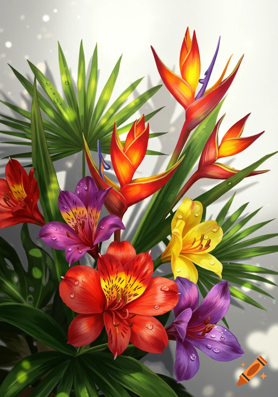 Vibrant tropical flowers, including Bird of Paradise and Alstroemeria, with water droplets on green leaves against a light background.
