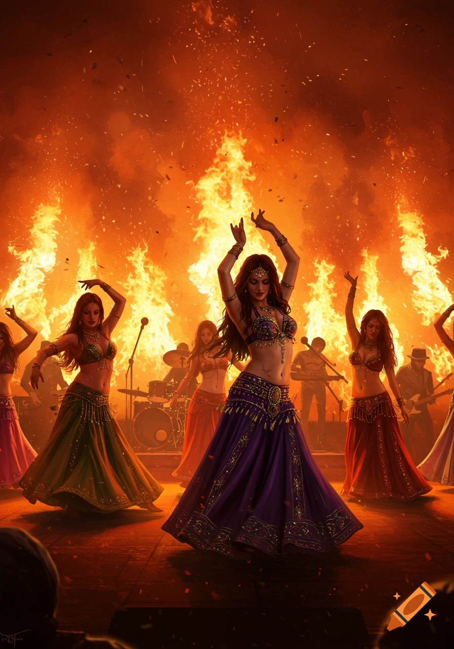 Multiple belly dancers perform on a stage with a rock band in the background, set against a dramatic backdrop of towering flames.