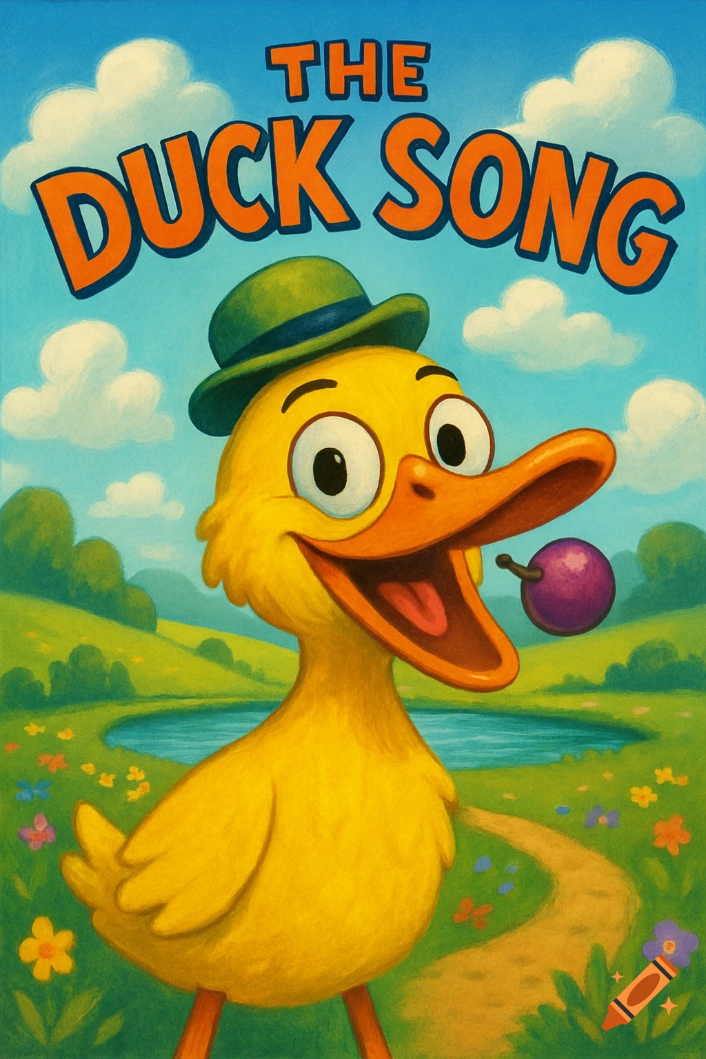 A cartoon yellow duck wearing a green hat smiles with an open beak, with "THE DUCK SONG" text above, in a vibrant green landscape.