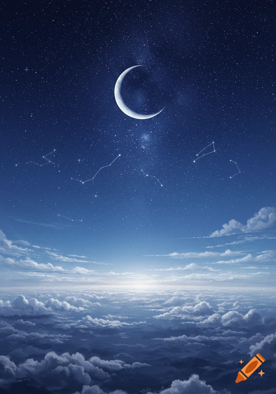 A bright crescent moon and constellations in a starry night sky above a serene cloudscape.
