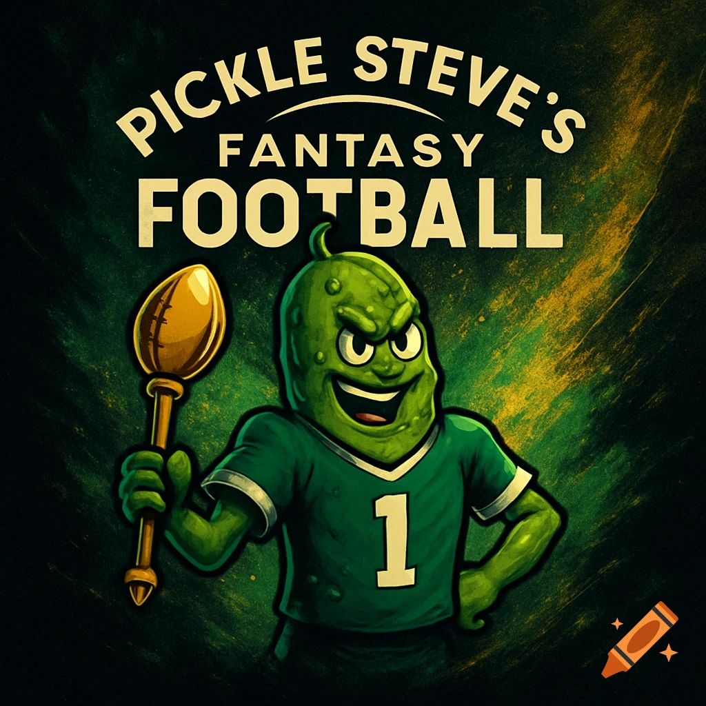 Cartoon logo of a green pickle mascot in a football jersey holding a golden football spoon, with 'Pickle Steve's Fantasy Football' text.