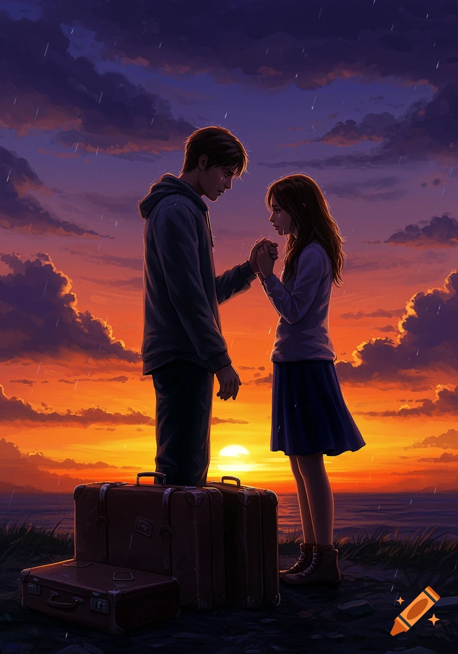 An emotional illustration of a sad couple holding hands in light rain at a vivid orange and purple sunset, with suitcases on the ground.