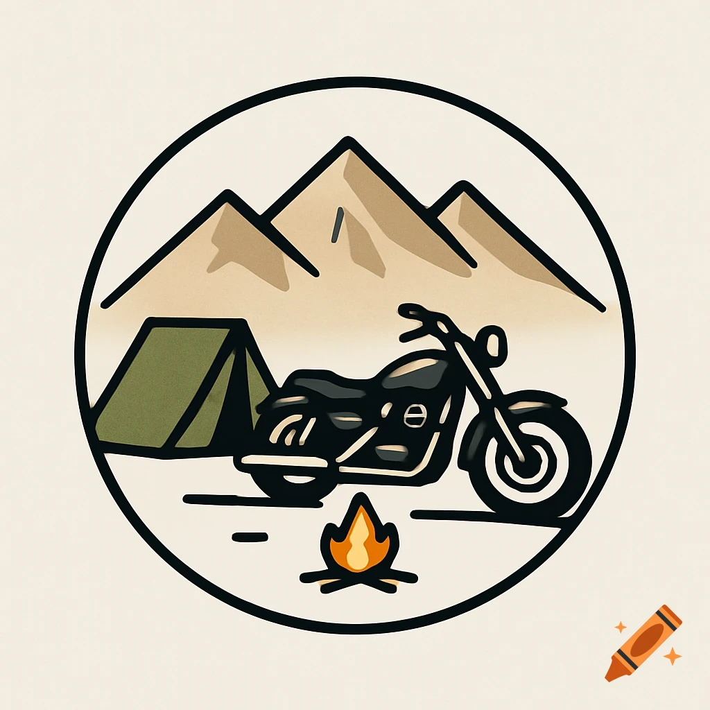 A simple circular logo featuring a black motorcycle, a green tent, a campfire, and mountains in the background.