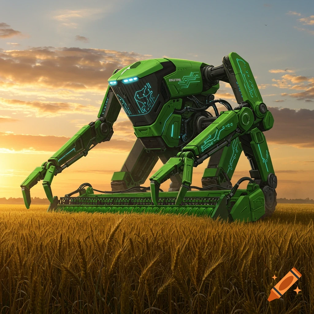 A large green futuristic robot with glowing blue accents stands in a golden wheat field at sunset.
