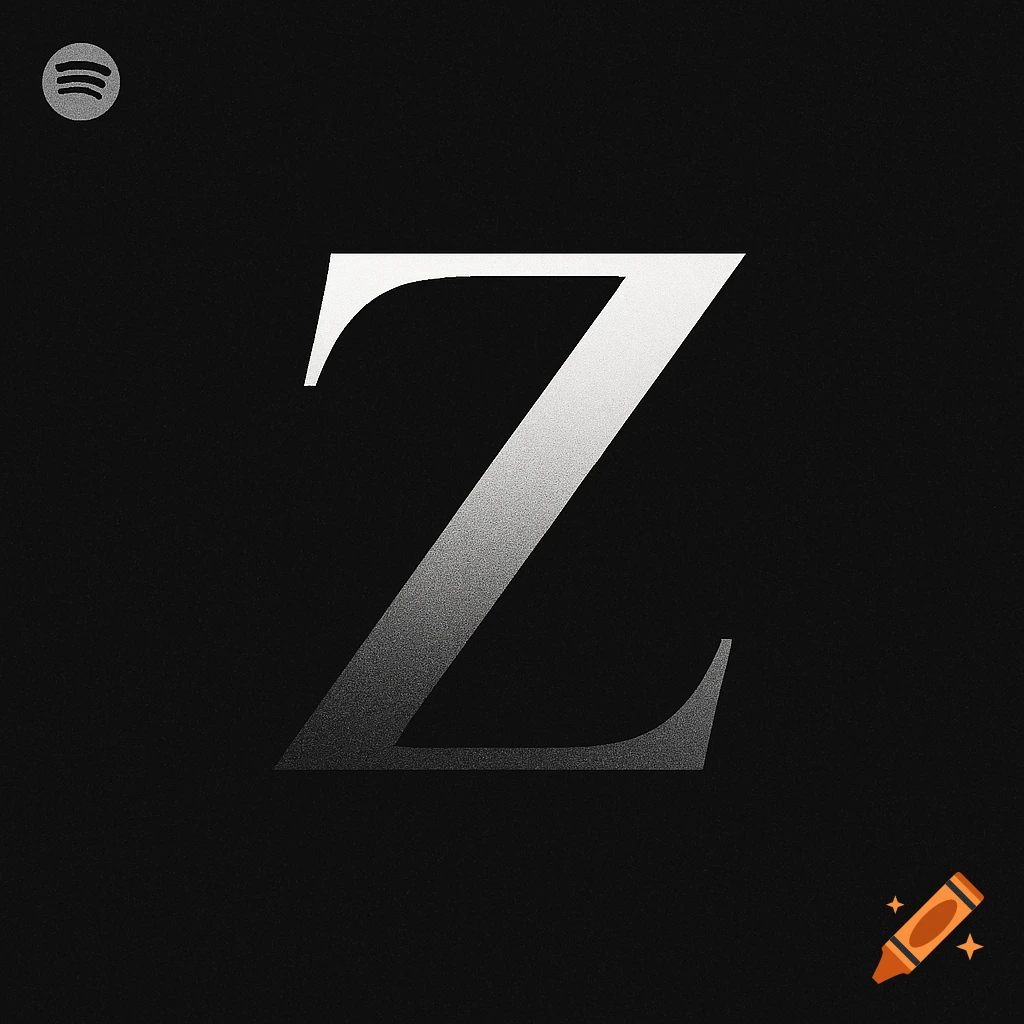 A large, white letter Z with a gradient from white to gray on a dark, static background, with a Spotify logo in the upper left corner.