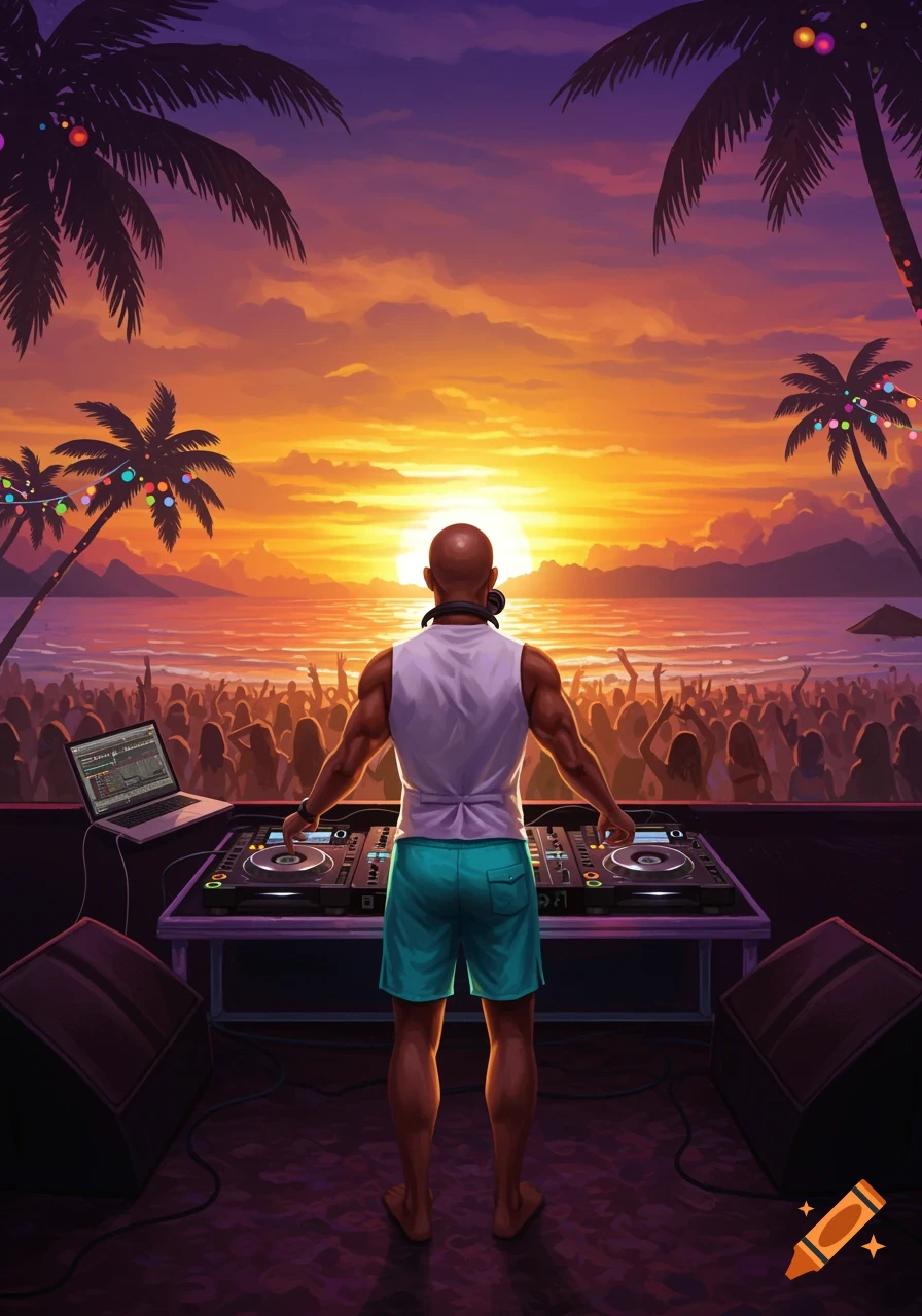 Illustrated view of a bald male DJ standing at a setup on a beach, facing a large crowd at sunset with palm trees.