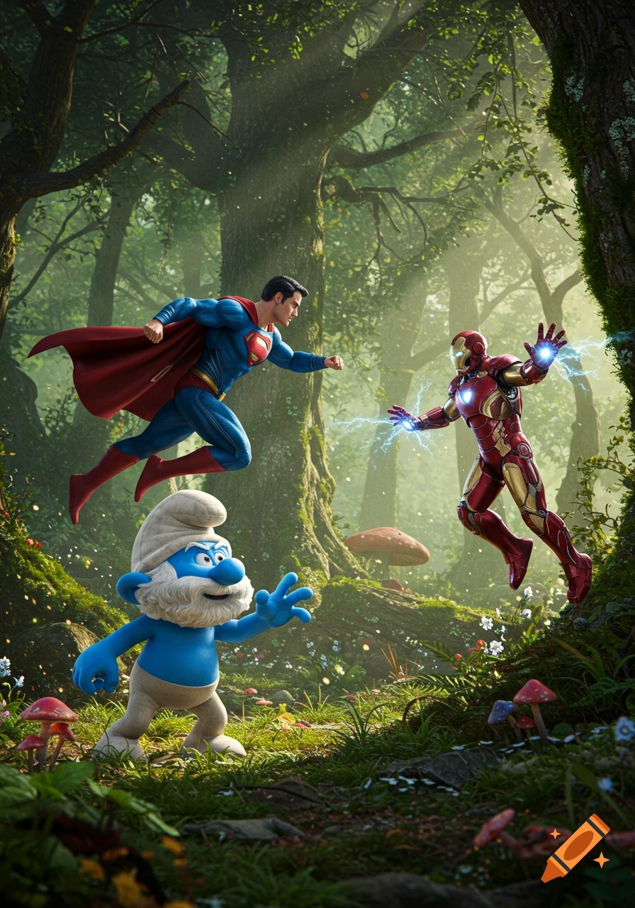 Superman and Iron Man confront each other with energy blasts in a lush, detailed forest, while Papa Smurf watches.