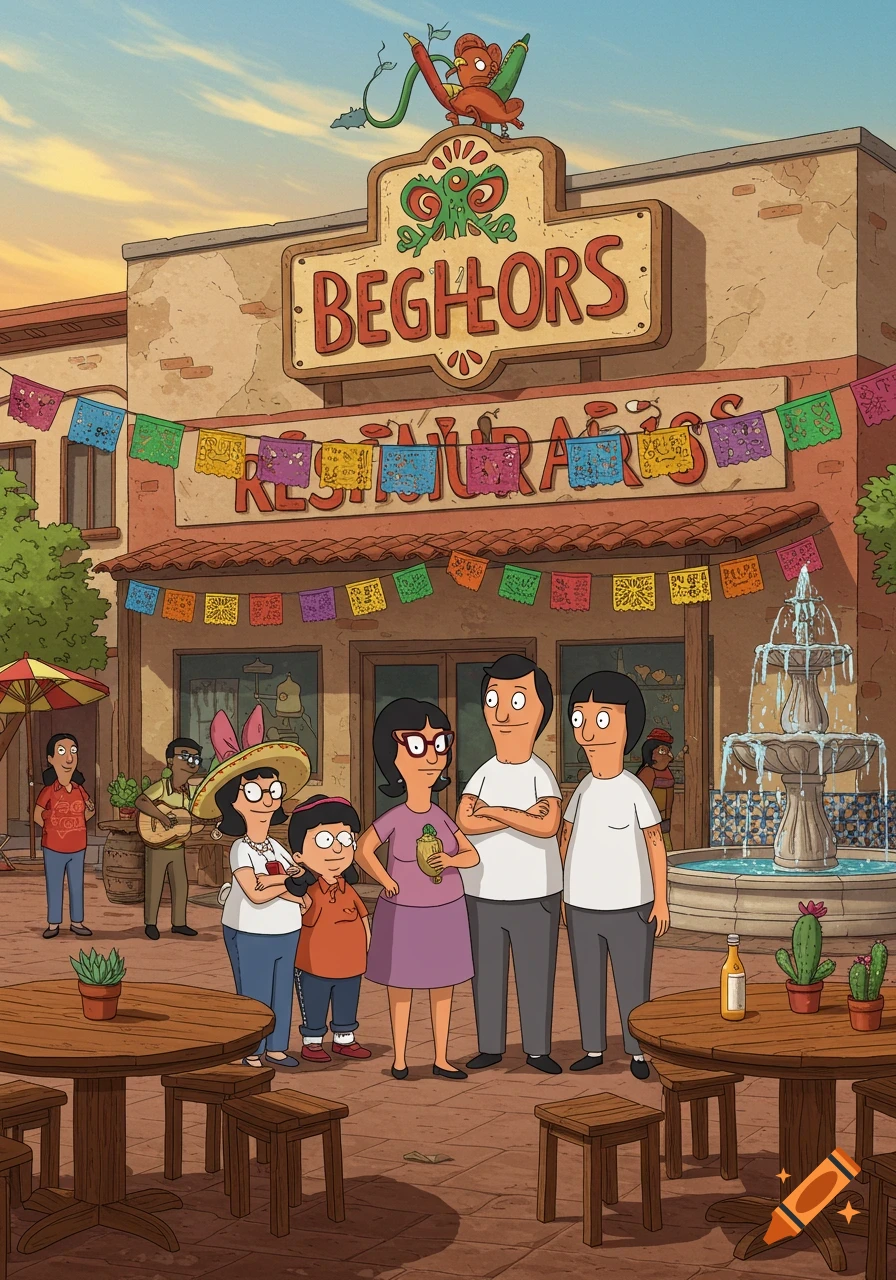 A cartoon family resembling Bob's Burgers characters outside a Mexican restaurant with papel picado and a fountain.