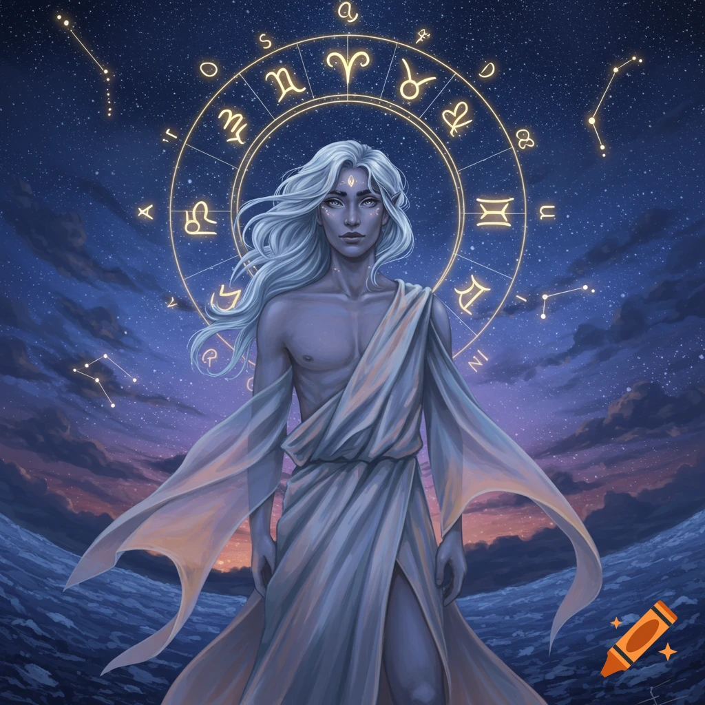 An ethereal figure with long white hair and dark skin stands in a flowing white drape, set against a night sky with glowing golden astrological symbols.