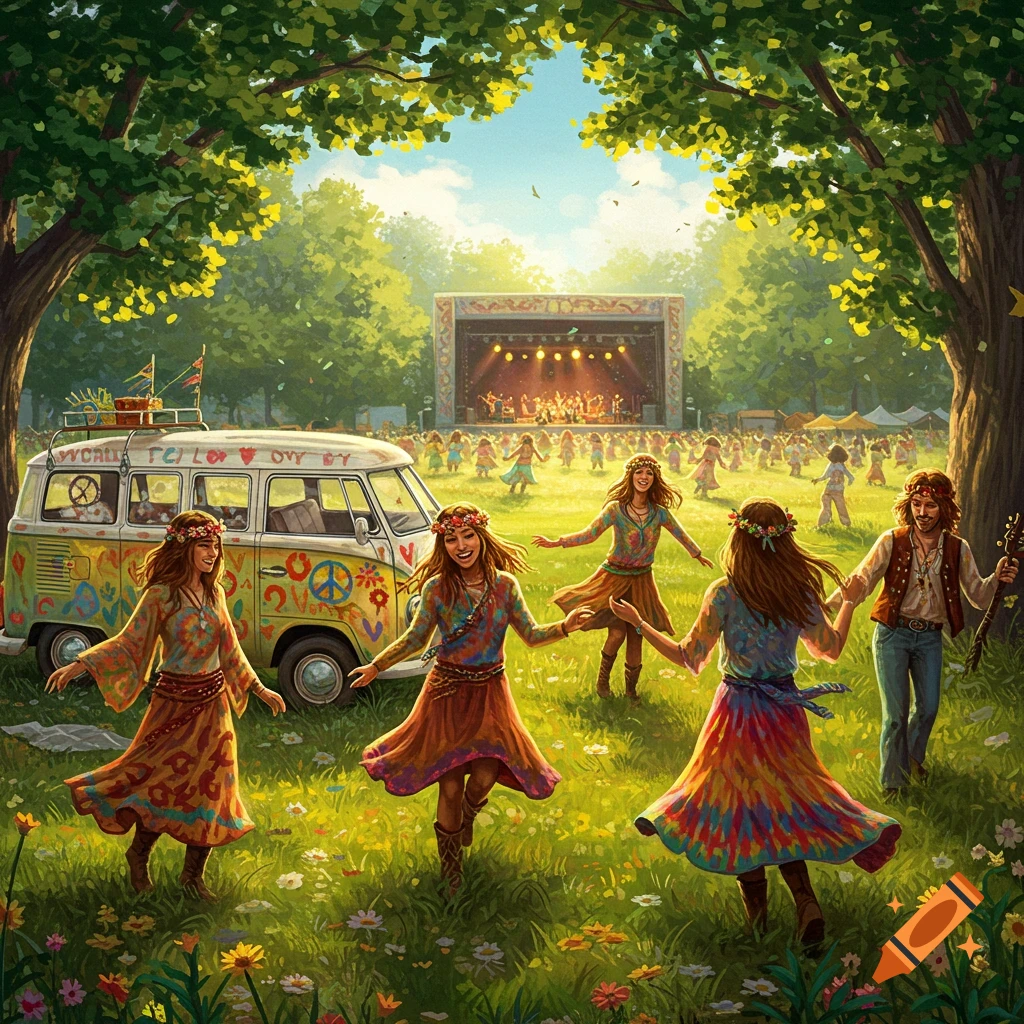 A vibrant illustration of a hippie music festival in a sunny park, with several people in colorful attire dancing in a circle in the foreground, and a Volkswagen bus decorated with peace signs parked nearby. A large stage with a band is visible in the background, with a crowd of people gathered around it.