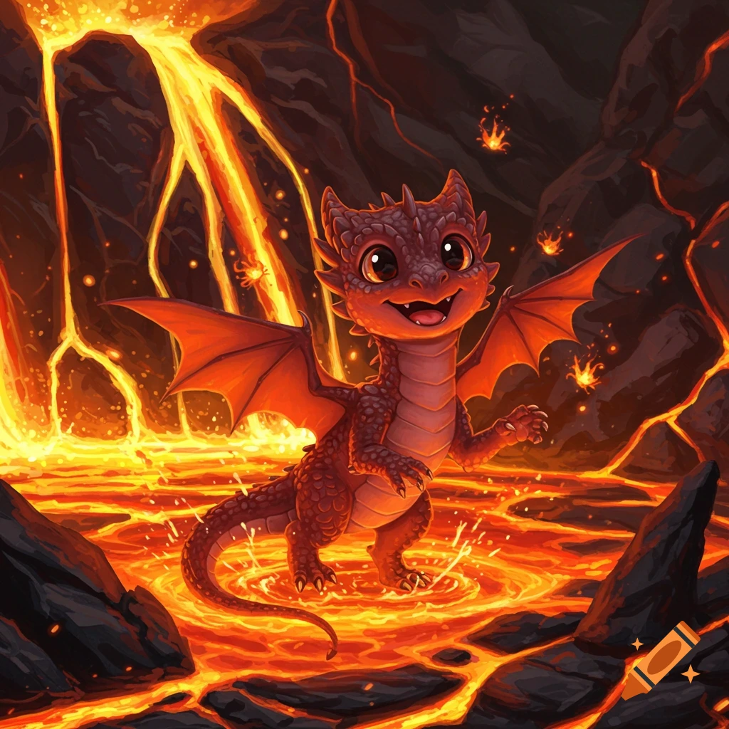A cute, happy cartoon baby dragon with large eyes stands smiling in a pool of vibrant orange lava, with glowing lava flows in the background.