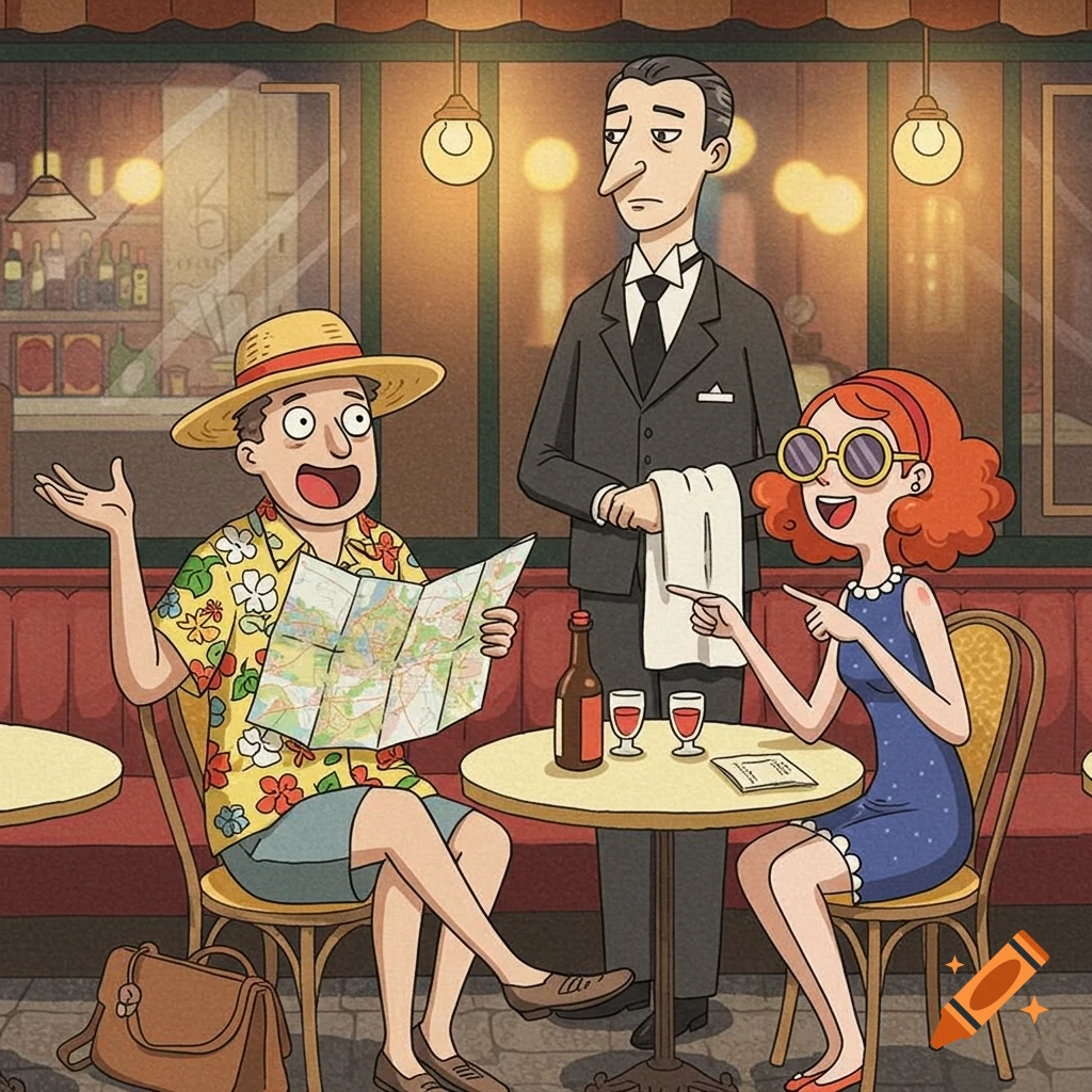 A cartoon illustration of a tourist couple with a map and a menu at a Parisian restaurant, looking at a tall waiter.