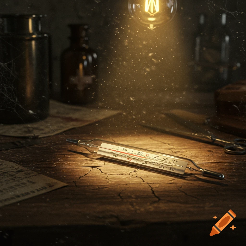 A vintage mercury thermometer lies on a dusty, cracked wooden table under a beam of light from an exposed incandescent bulb, with blurred bottles in the background.