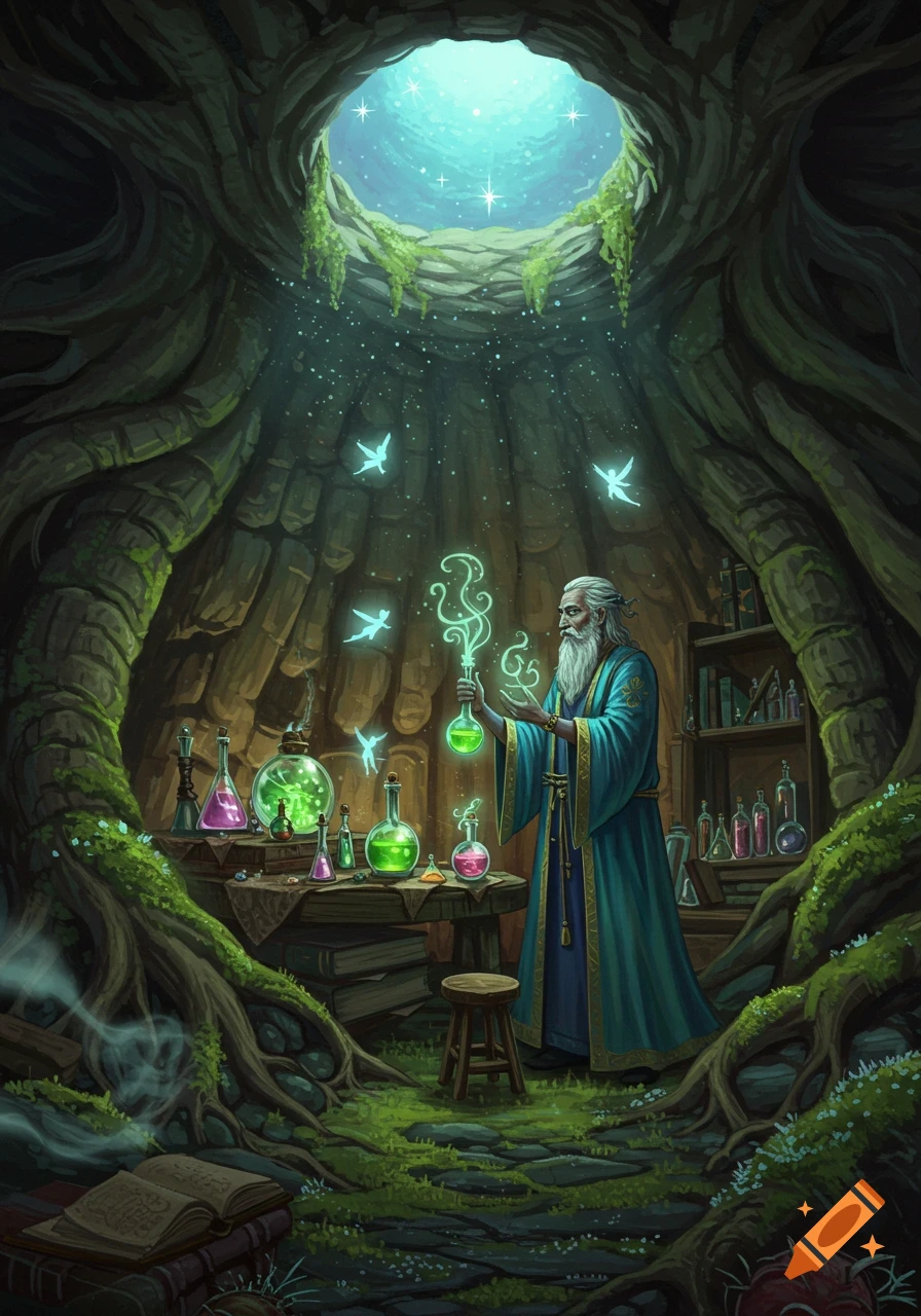 An old wizard in a cave laboratory, holding a glowing green flask amidst many potions and flying fairies, with light shining from an opening above.