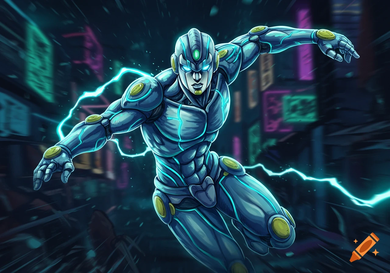 A blue and green humanoid super-robot with glowing lines and lightning flies through a neon-lit futuristic city.