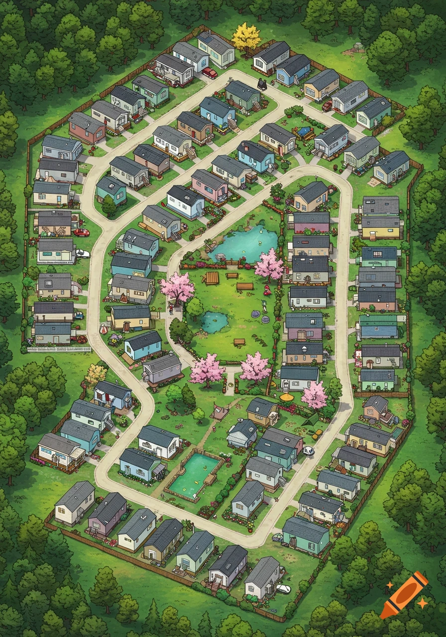 An illustrated aerial map of a mobile home community with colorful houses arranged around a central park with ponds and pink trees, surrounded by forest.