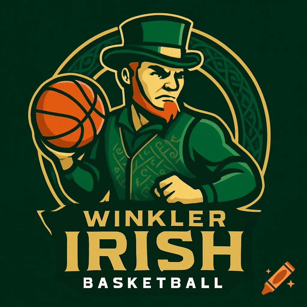 A stylized green and gold logo featuring an angry leprechaun in a top hat and vest, holding a basketball, with text "WINKLER IRISH BASKETBALL."