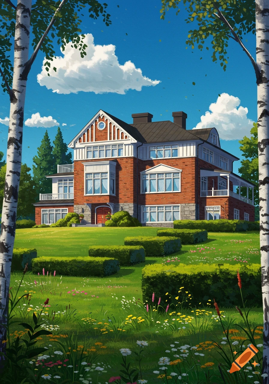 An illustrative view of a large brick and white mansion surrounded by a vibrant green lawn with hedges and wildflowers under a blue sky with white clouds, framed by two birch trees.
