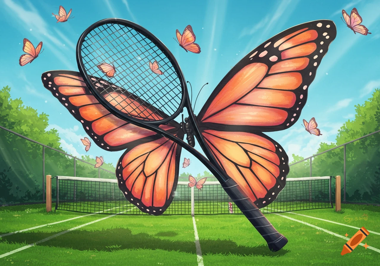 An illustrated tennis racket with large monarch butterfly wings stands on a green tennis court with butterflies flying around.