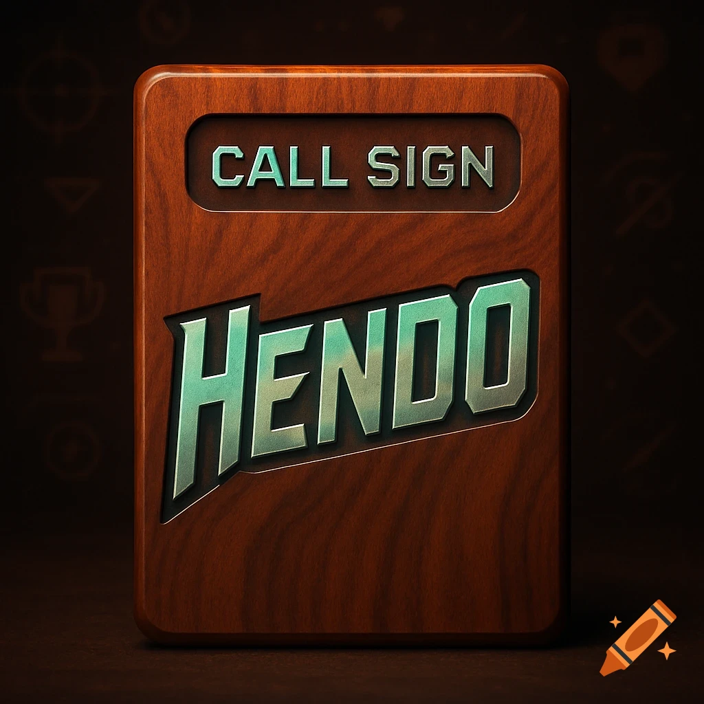A stylized wooden plaque with the words 'CALL SIGN' and 'HENDO' in a metallic, gaming-themed font.