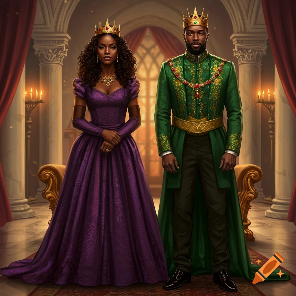 A regal Black king in green and a queen in purple stand in a grand castle hall.