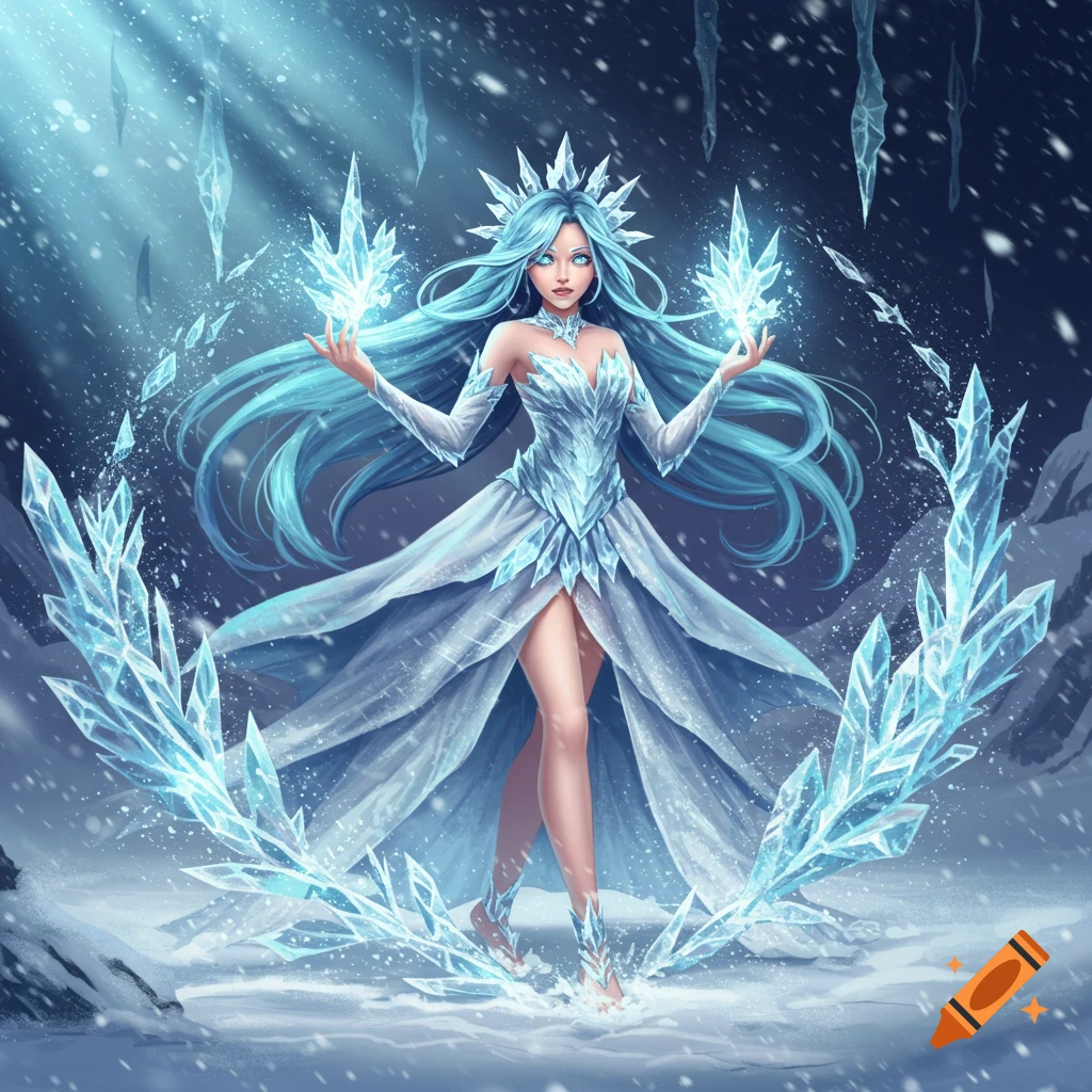 An anime girl with long blue hair and an ice-themed dress stands amidst glowing ice crystals in a snowy landscape.