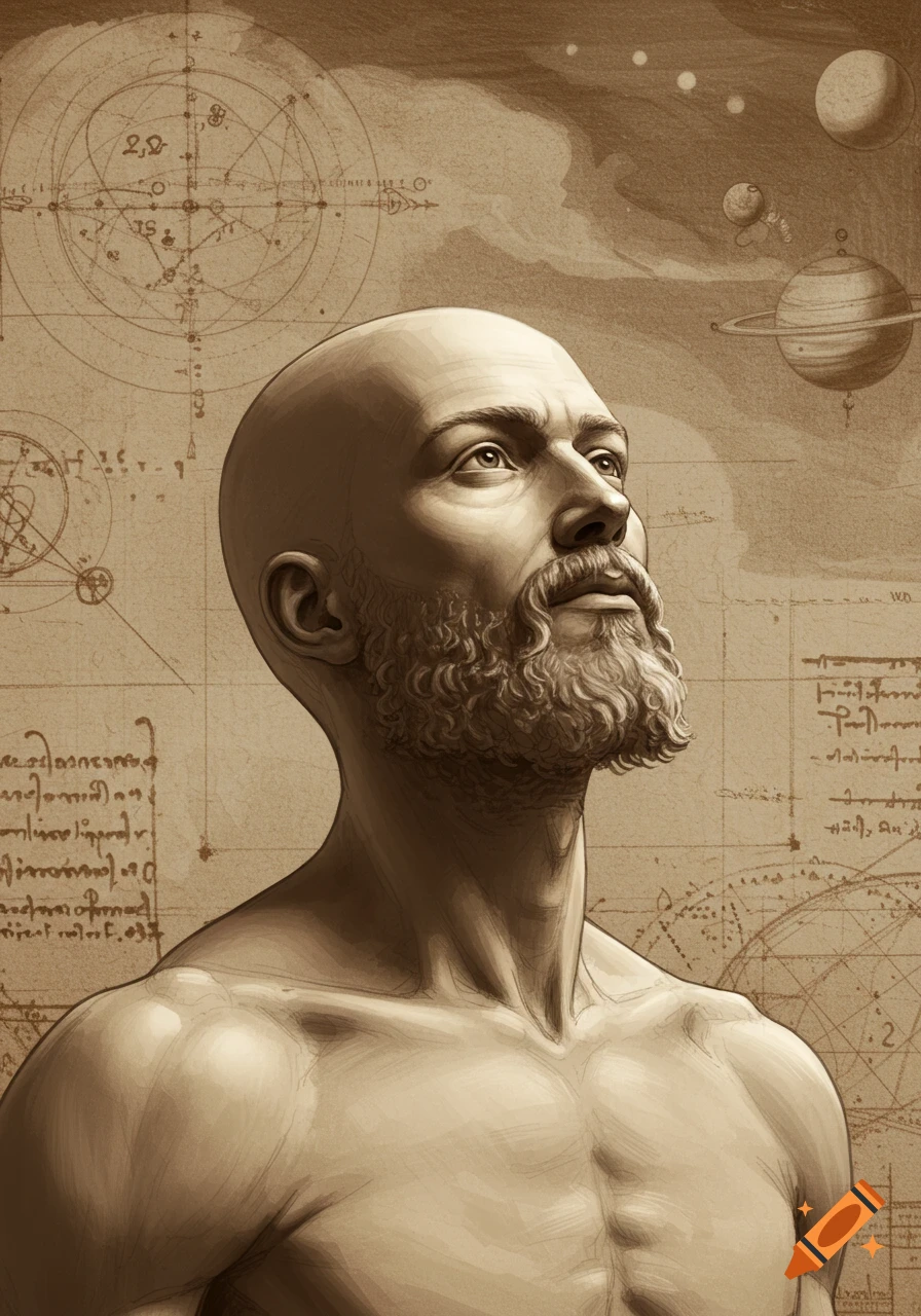 Sepia-toned portrait of a bald, bearded man with a muscular torso, looking upwards, in the style of Leonardo da Vinci, with astronomical diagrams and planets in the background.