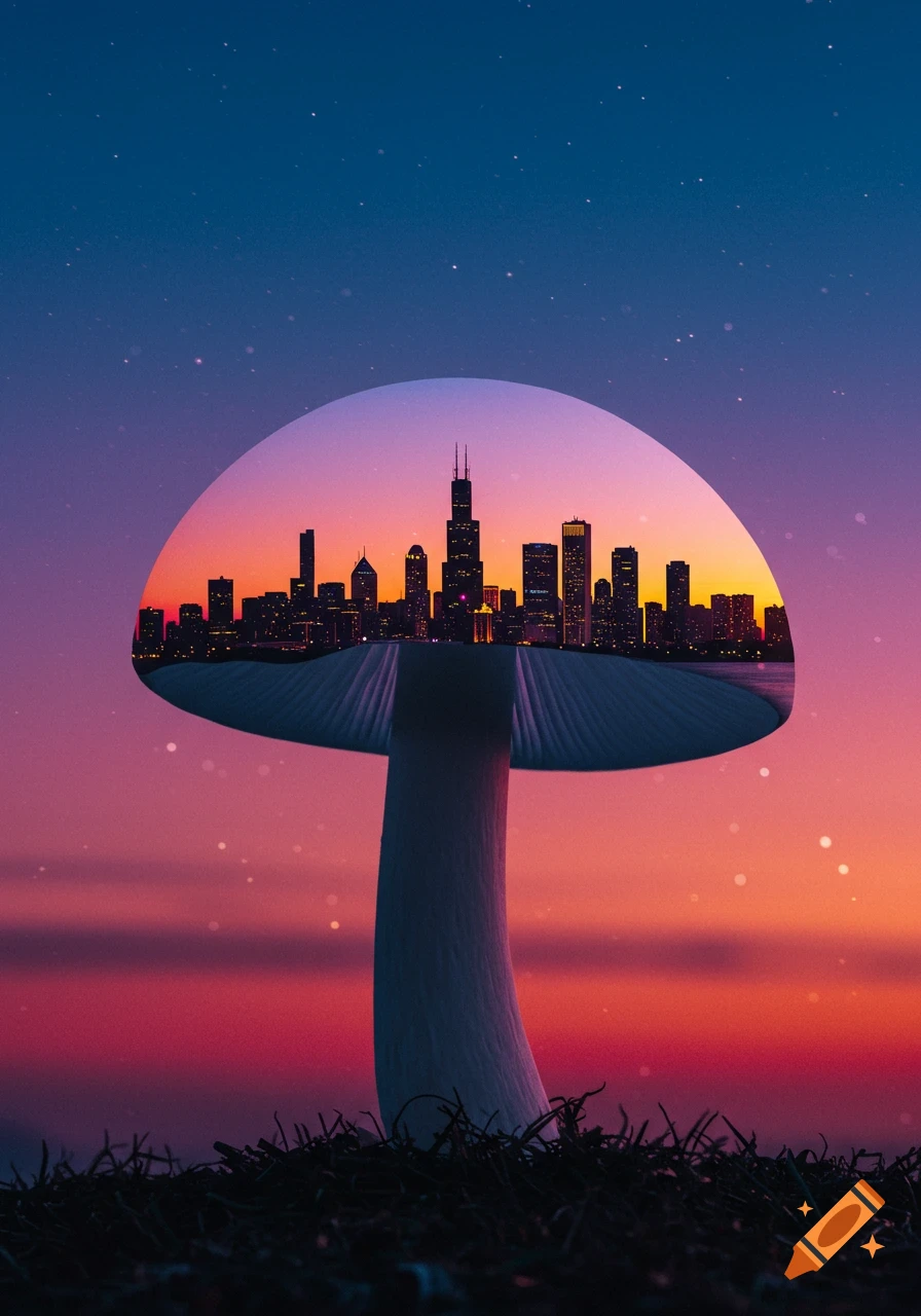 A surreal image of a large mushroom with the Chicago skyline silhouetted within its cap against a starry sunset sky.