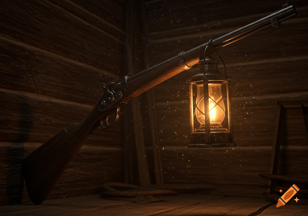 A photorealistic image of an old rifle leaning against a wooden wall, with a lit lantern hanging from its barrel in a dusty, dimly lit room.