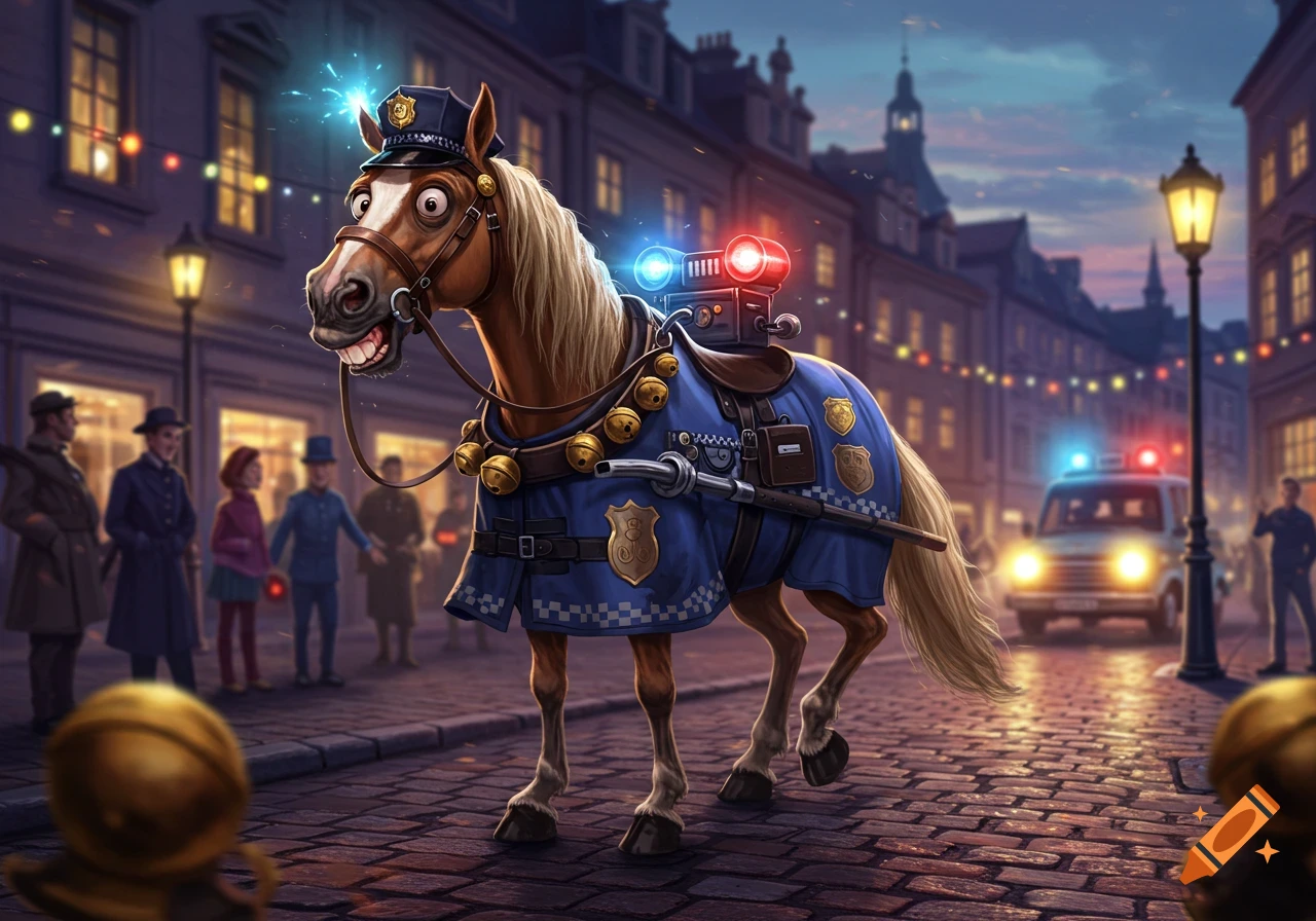 A goofy cartoon police horse with a hat, flashing lights, and bells, stands on a cobblestone street at night in a charming city.