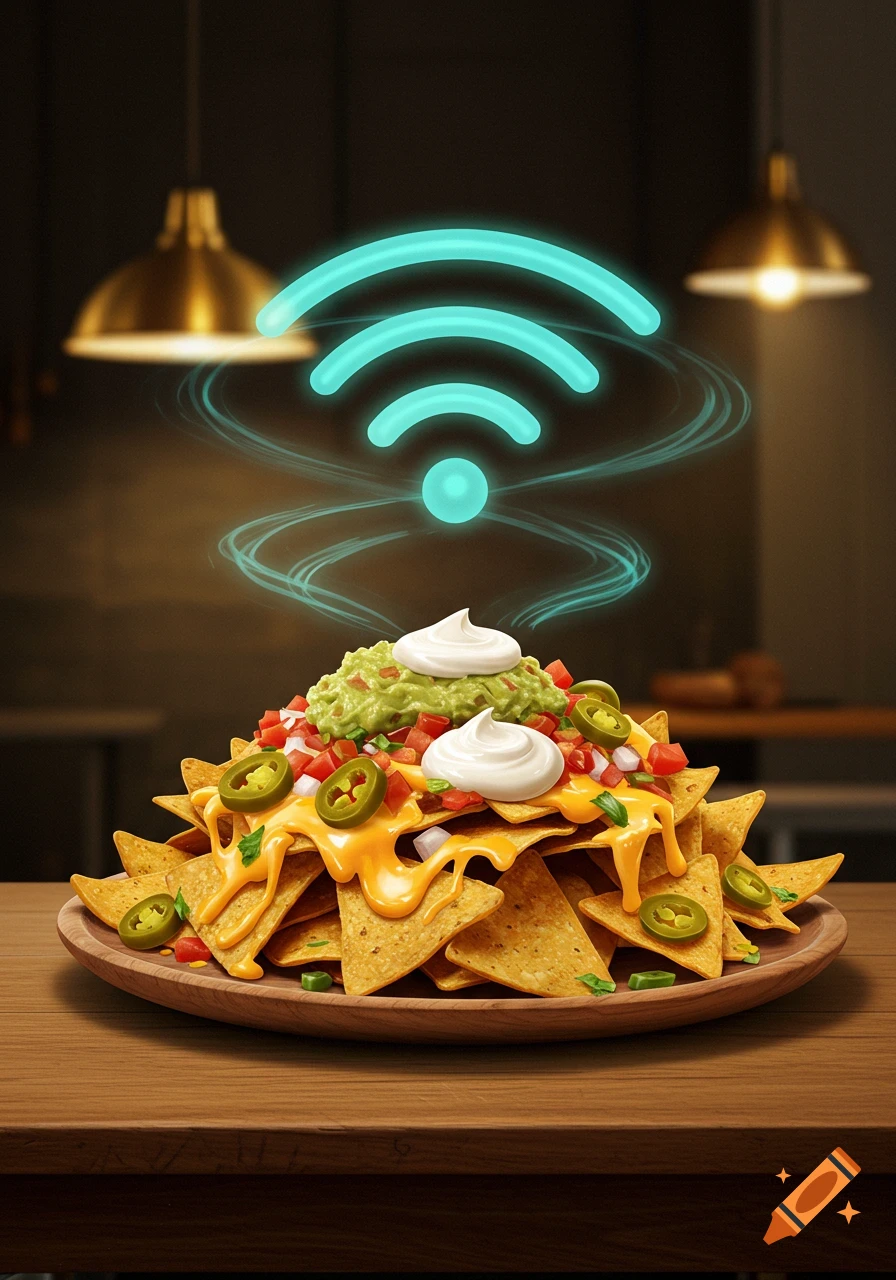 A plate of cheesy nachos topped with guacamole, sour cream, and jalape eos, with a glowing blue WiFi symbol hovering above.