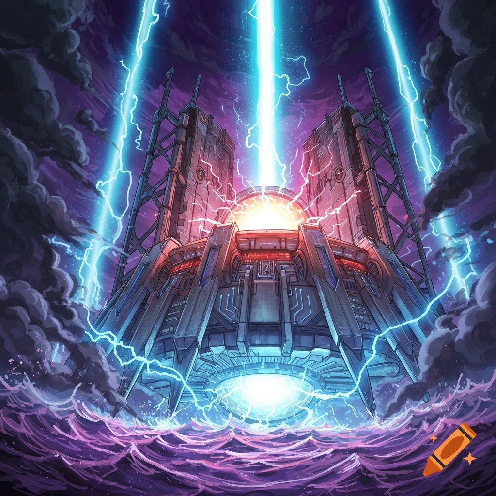 A vibrant, illustrated futuristic fusion reactor stands in purple water, emitting bright blue energy beams and electricity into a stormy sky.