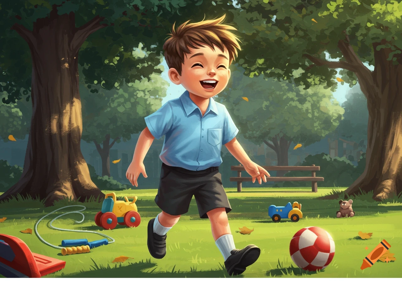 A happy cartoon boy in a blue shirt and black shorts runs through a sunny park with toys and a red and white ball.