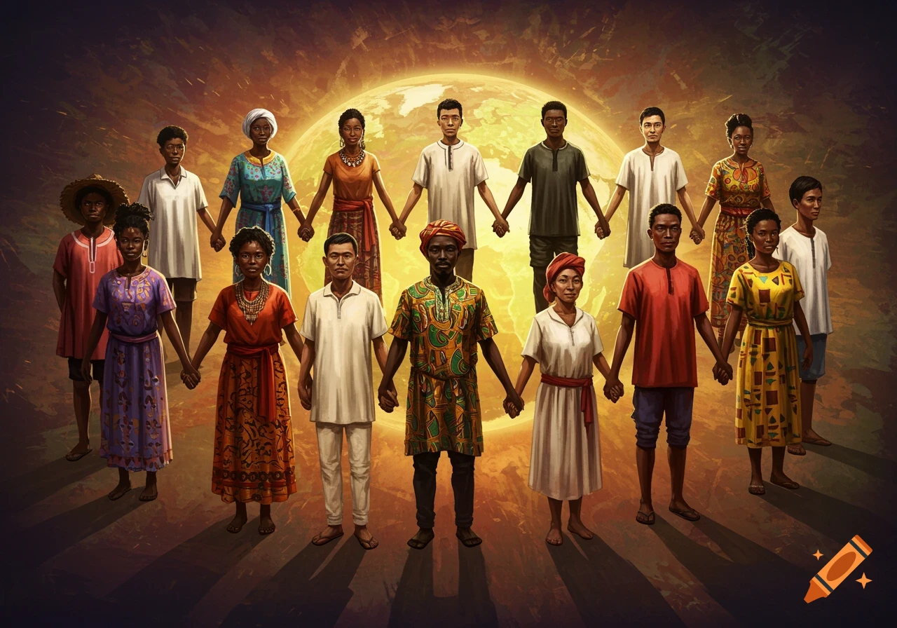 Diverse group of people from various cultures holding hands in a circle against a glowing sun in a digital painting.