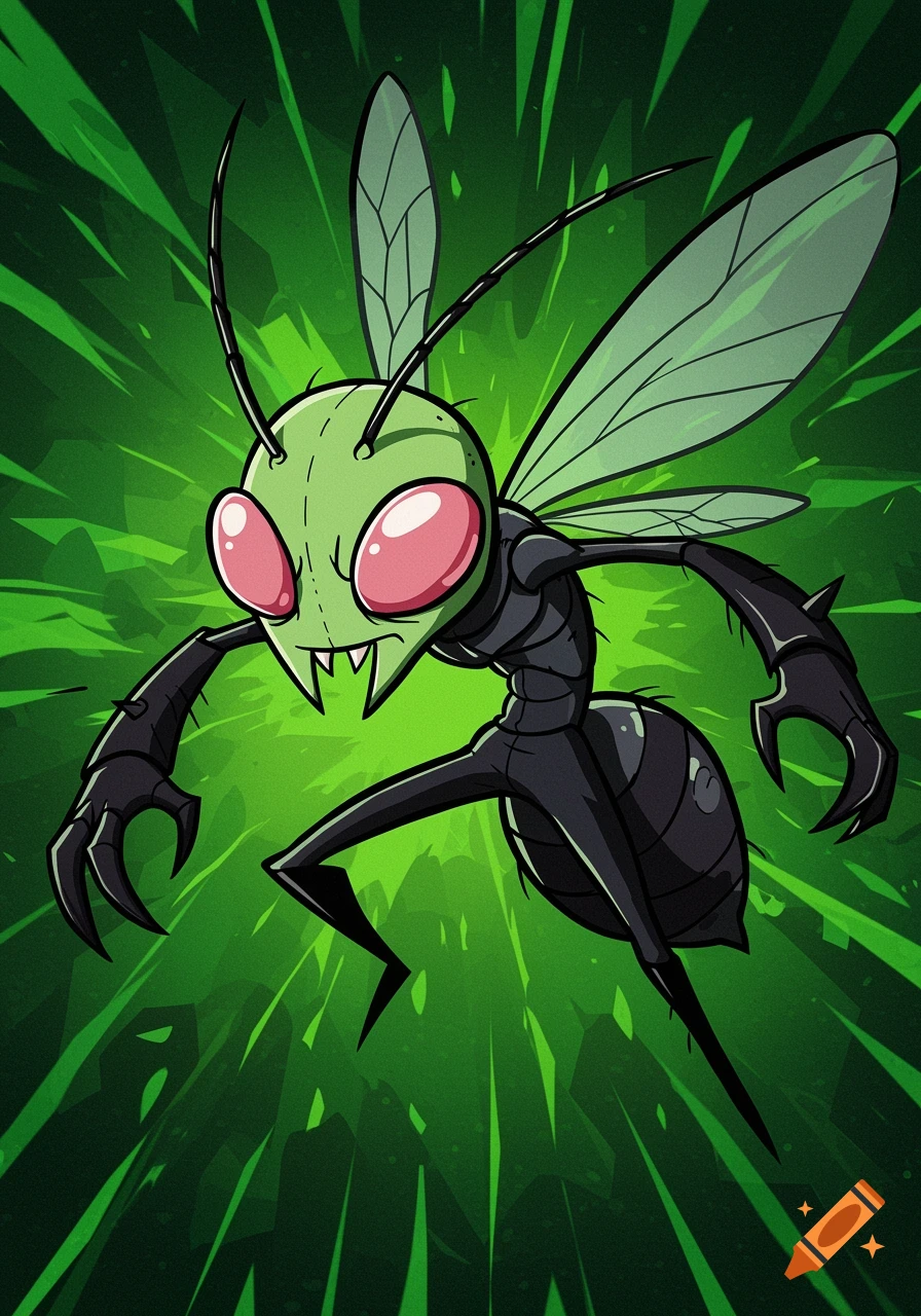 A green and black cartoon insectoid creature with large pink eyes, fangs, and wings, posed dynamically against a vibrant green background.