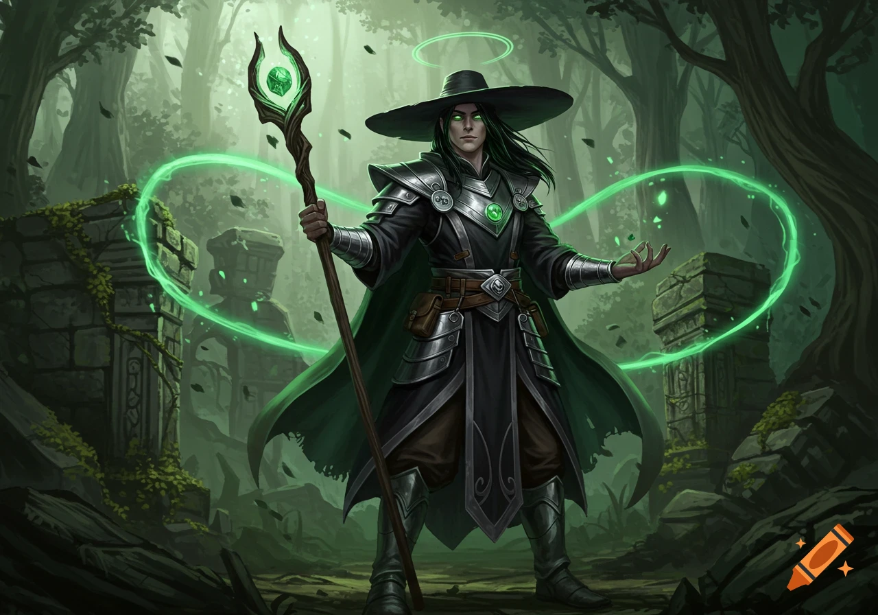 A male fantasy cleric with long black hair, green eyes, a black hat, and armor stands in a mystical forest, holding a glowing green staff.