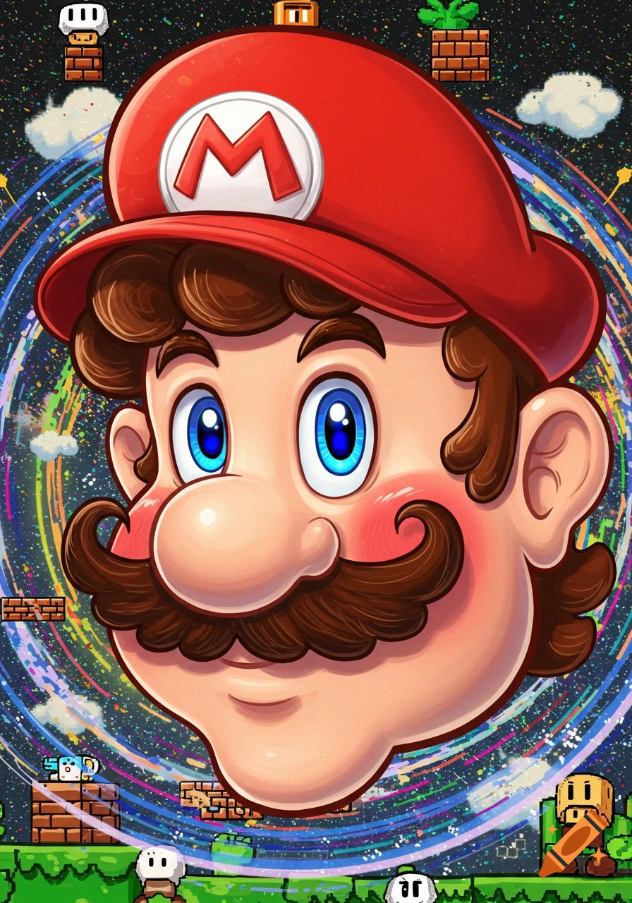 Stylized portrait of Mario's head with a mustache and red hat, against a swirling, pixelated galaxy background with game elements.