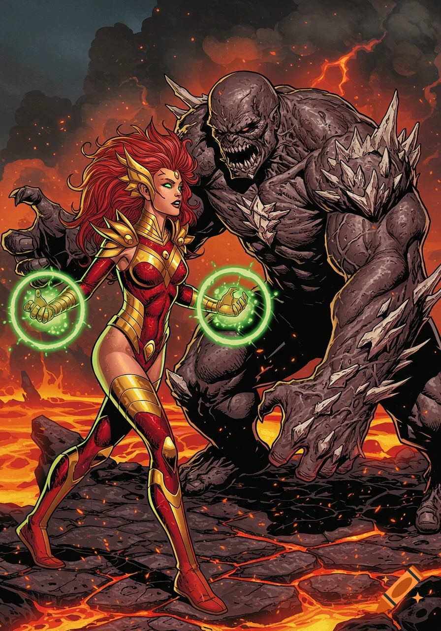 A female superhero in red and gold armor with green energy around her hands stands ready to fight a large, grey, monstrous creature on a volcanic battlefield in a comic book art style.