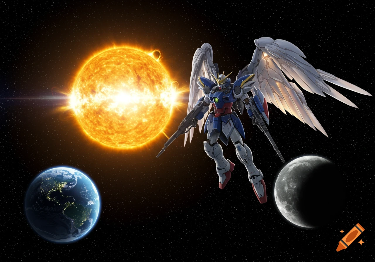 A white and blue winged robot, Gundam Wing, hovers in space with a bright sun behind it, Earth to its lower left, and the Moon to its lower right.