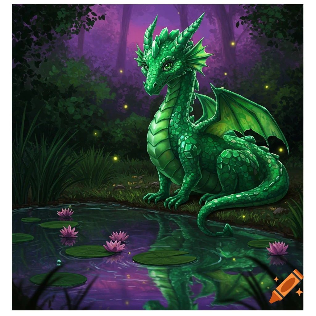 A vibrant green, stylized dragon sits by a reflective pond with pink water lilies in a dark, magical forest lit by fireflies.