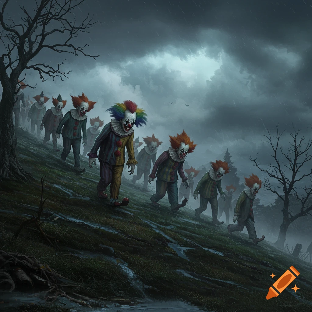 An army of creepy clowns with painted faces and colorful wigs marches down a muddy, dark hill in the pouring rain under a stormy sky.