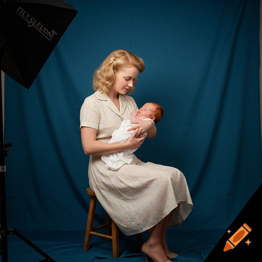 A blonde woman in a 1950s-style dress sits on a stool, holding her newborn ginger-haired baby in a photography studio with a blue backdrop.