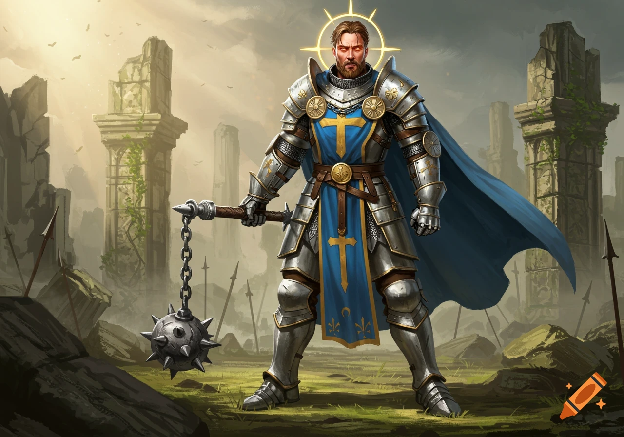 A holy medieval warrior in shining armor with a blue tunic and glowing eyes stands in a ruined landscape, holding a flail.