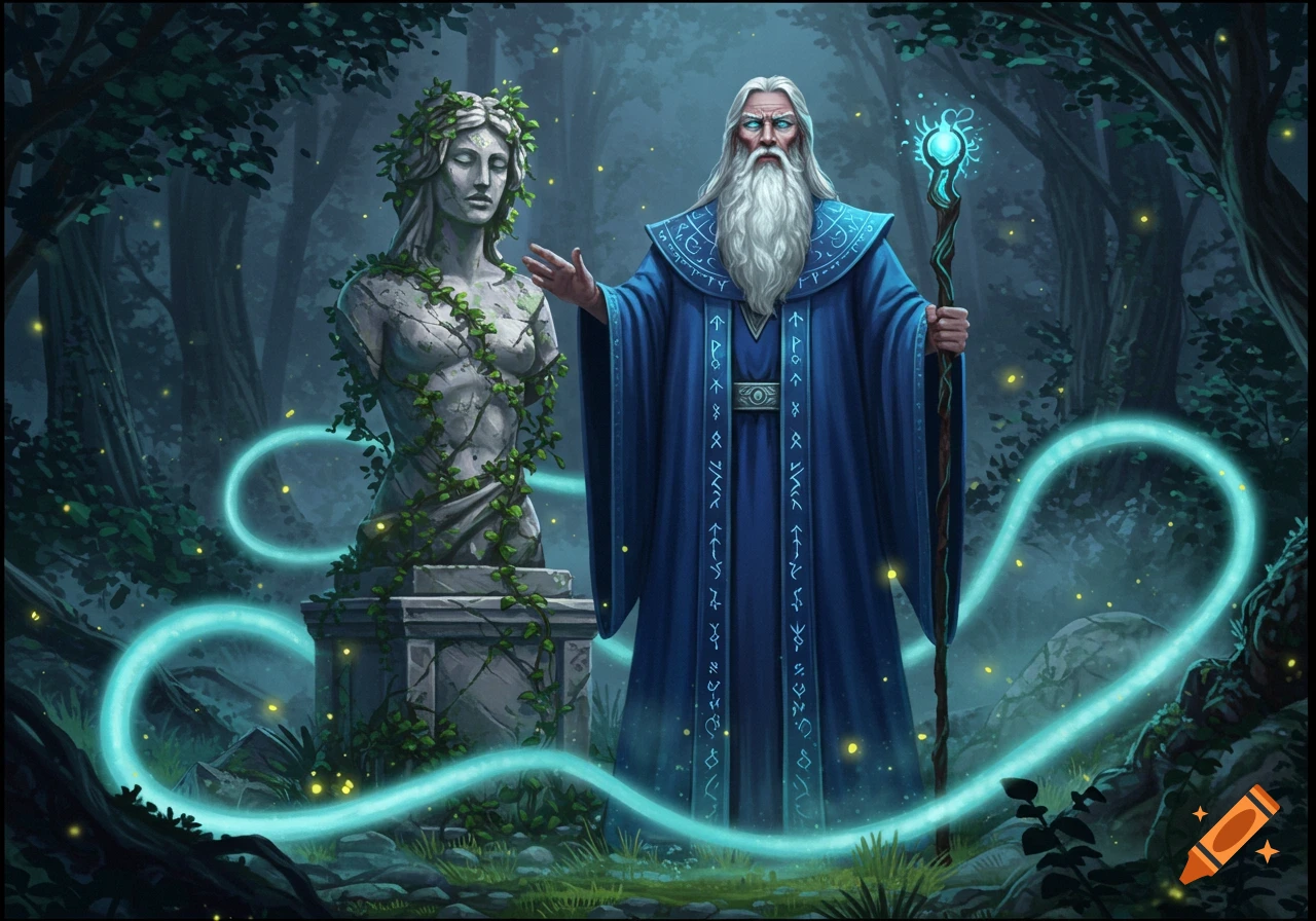 A wizard in blue robes stands next to a moss-covered stone statue in a dark, glowing forest, with blue magical trails.
