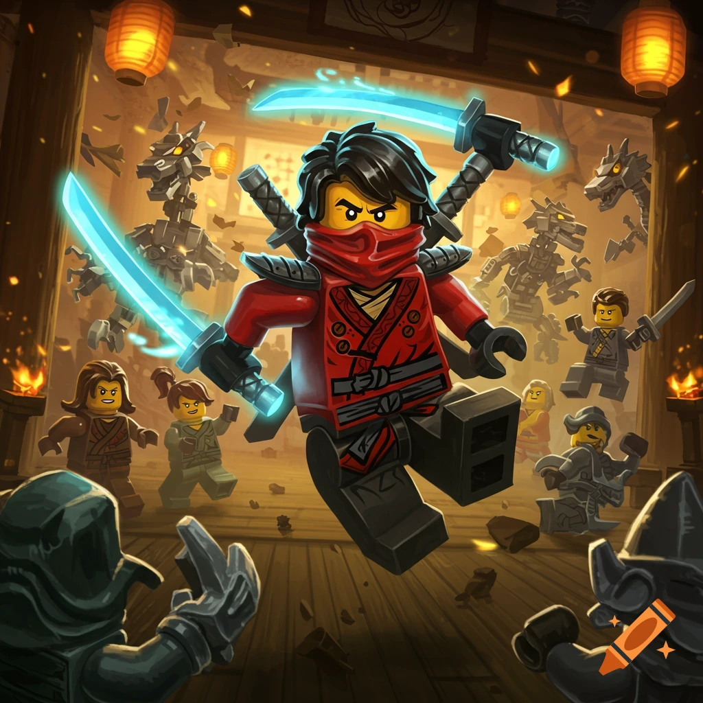 Lego ninja in red with glowing blue swords leaping amid other ninja figures and robots in a temple.