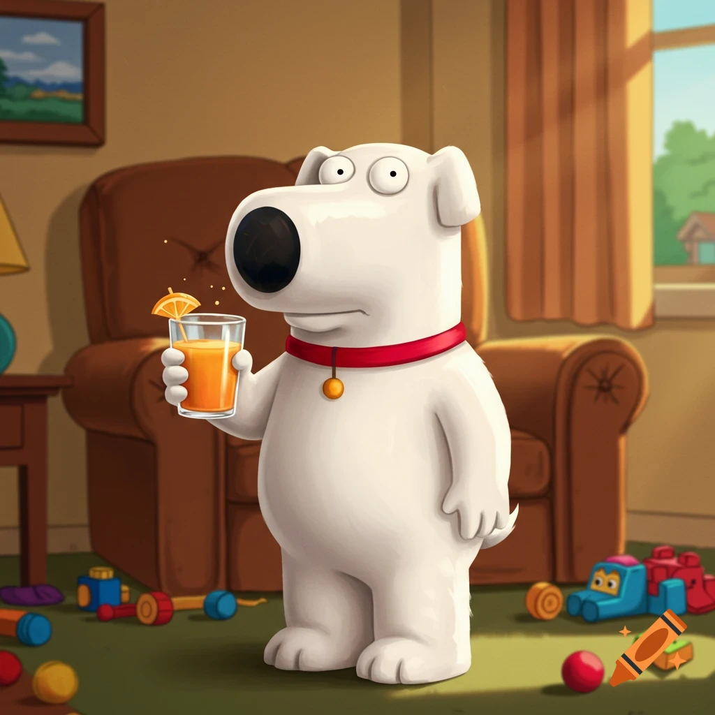Brian, the white dog from Family Guy, holds a glass of orange juice with an umbrella in a cluttered living room.