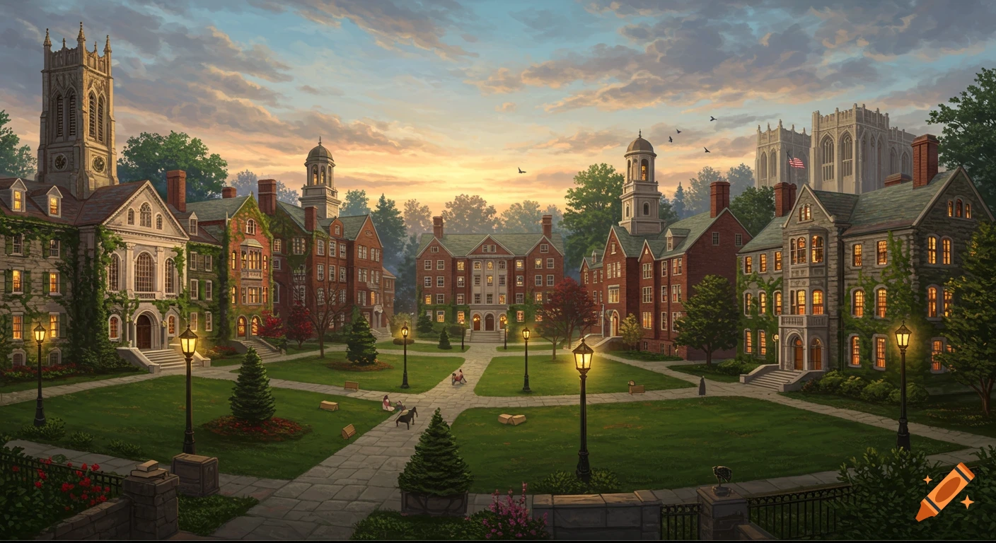 A picturesque university campus with grand brick and stone buildings surrounding a green quad under a sunset sky, illuminated by glowing lanterns.