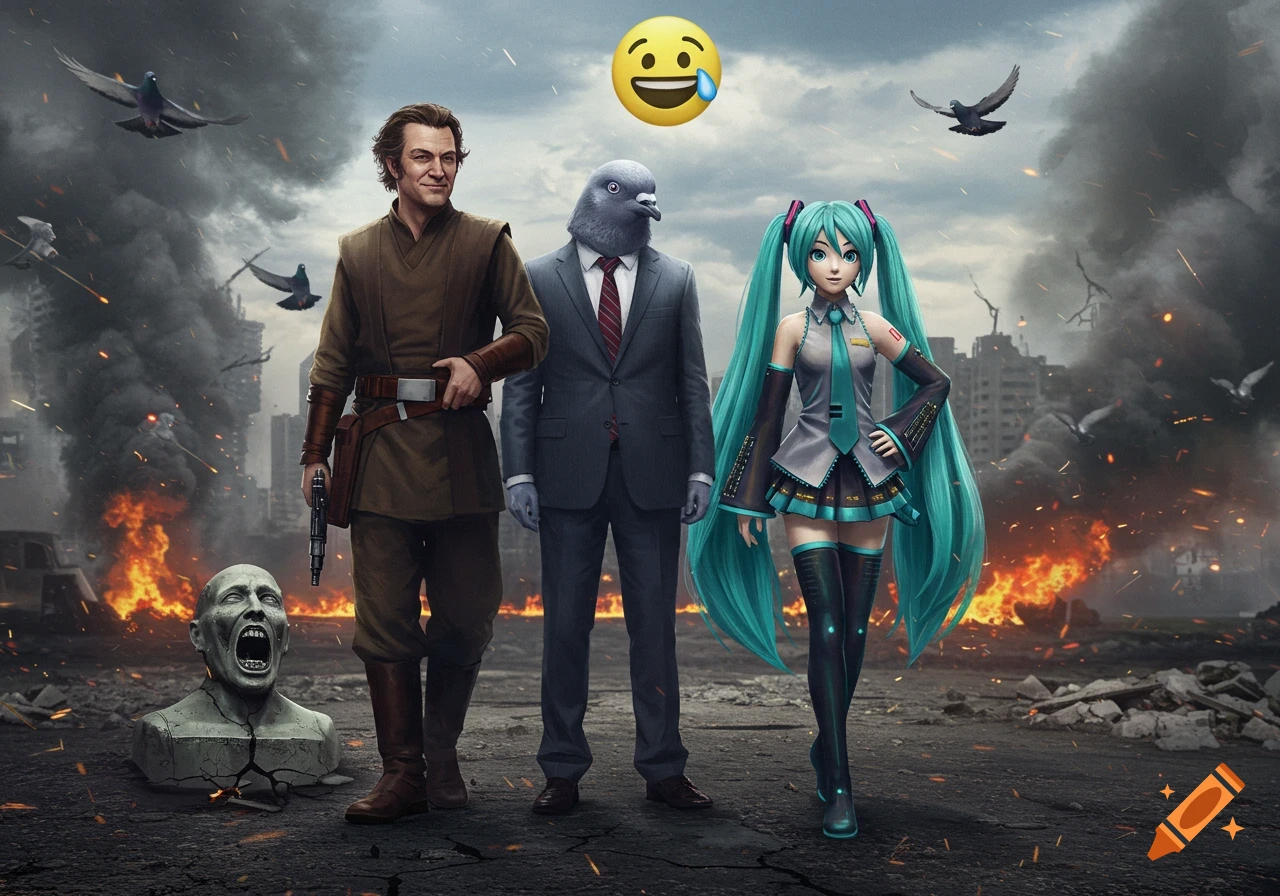 A man in Star Wars robes, a pigeon-headed man in a suit, and Hatsune Miku stand in a war-torn city with fire and rubble, under a stormy sky with flying pigeons and a floating crying-laughing emoji. A screaming statue bust is in the foreground.