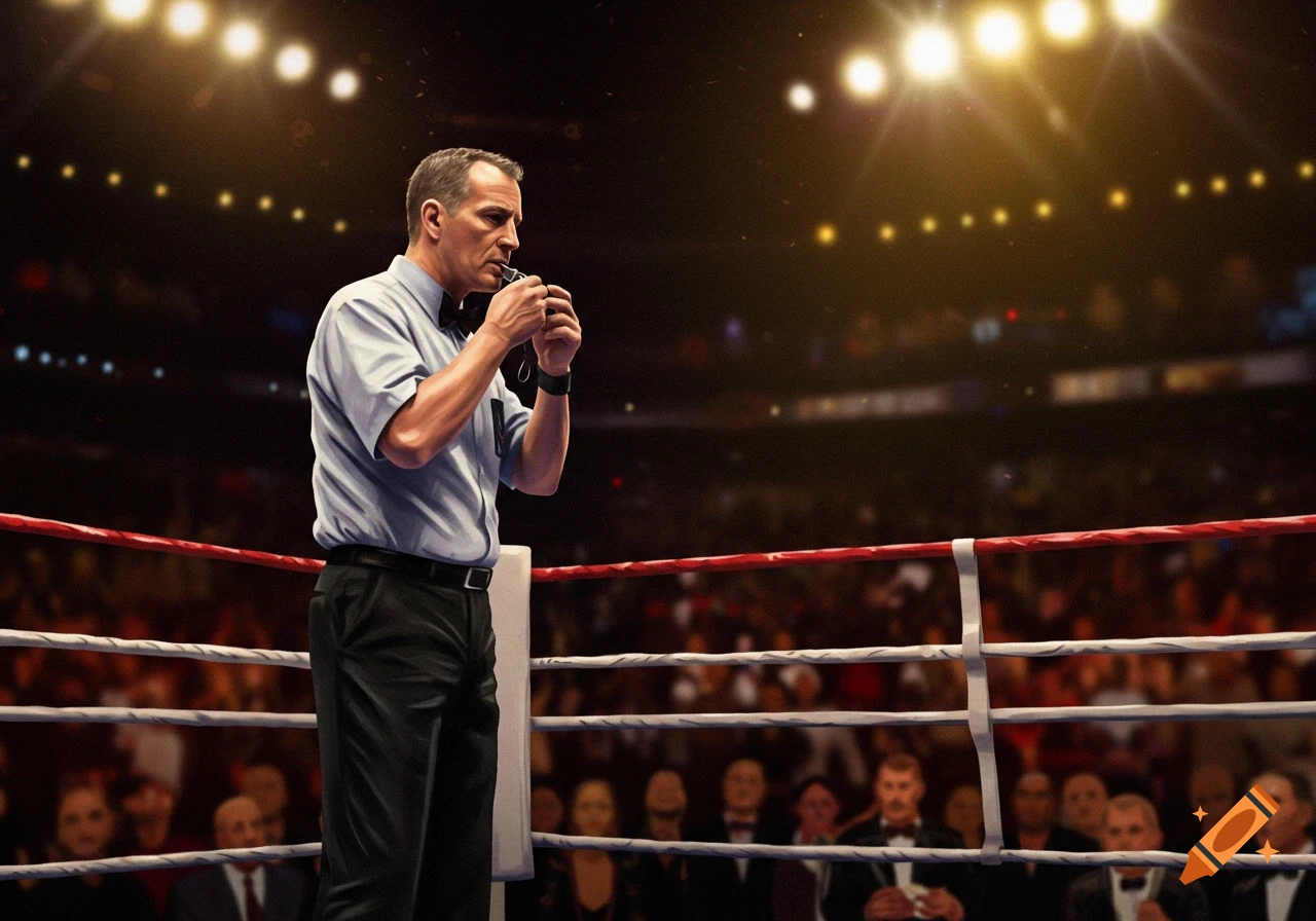 A boxing referee holding a whistle in a ring, under bright arena lights with a blurred crowd.
